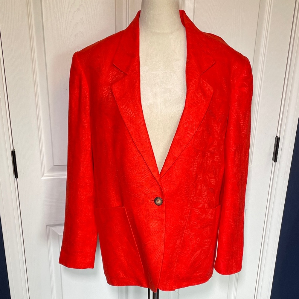 Vintage Liz Claiborne Linen Jacquard Red Classic‎ Blazer Fully Lined Size 12